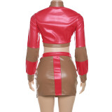 Fashionable Contrasting Color Patchwork Top And Hip-covering Skirt Two-piece Set