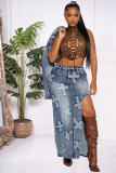 Fashionable And Sexy High-elastic Embroidered Washed Denim Skirt Two-piece Set