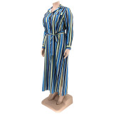 Stylish Striped Cardigan Lapel Dress