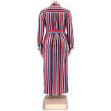 Stylish Striped Cardigan Lapel Dress