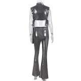 Sexy Hollow Strapped Flared Pants Stretch Leather Suit