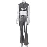 Sexy Hollow Strapped Flared Pants Stretch Leather Suit