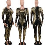 Stylish Sequined Long-sleeved See-through Jumpsuit