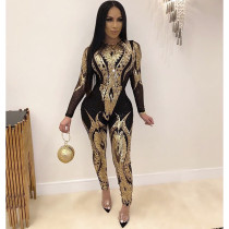 Stylish Sequined Long-sleeved See-through Jumpsuit