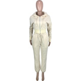 Solid Color Threaded Hooded Zipper Pocket Loose Jacket And Trousers Two-piece Set