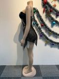 Sexy Sequined Mesh See-through Irregular Hem Slit Dress