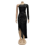 Solid Color Raglan Single Sleeve Pleated Dress