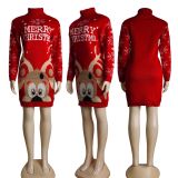 Fashionable Casual High Collar Christmas Elk Print Long Dress