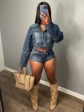 Fashionable Casual Stretch Denim Shorts Two-piece Set