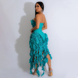 Sexy Tube Top Solid Color Irregular Tassel High Slit Dress