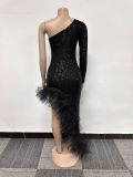 Sexy Sequin Mesh Yarn Splicing Irregular Dress