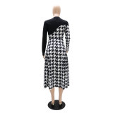 Fashionable Patchwork Houndstooth Long Sleeve Women's Dress