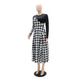 Fashionable Patchwork Houndstooth Long Sleeve Women's Dress