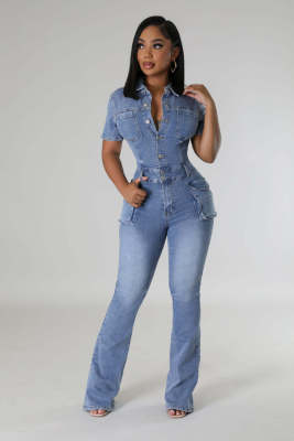 Skinny-waisted Stretch Denim Flared Jumpsuit