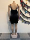Sexy Hot Diamond Velvet Splicing Net Gauze See-through Hip Dress