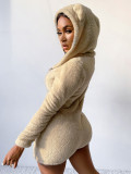 Solid Color Hooded Zip Long Sleeve Women's Plush Jumpsuit