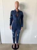Slim Fit Stretch Tight Ripped Washed Long Sleeve Denim Jumpsuit