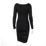 Sexy Square Neck Pleated Brushed Slim Fit Dress