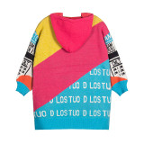 Fashionable Hooded Drawstring Loose Sweater With Color Block Letters