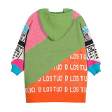 Fashionable Hooded Drawstring Loose Sweater With Color Block Letters