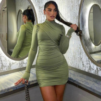 Solid Color Long Sleeve Fashionable Pleated Slim Dress