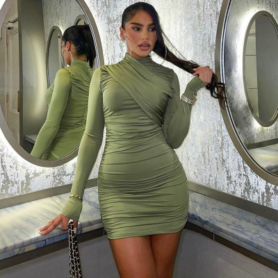 Solid Color Long Sleeve Fashionable Pleated Slim Dress