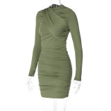 Solid Color Long Sleeve Fashionable Pleated Slim Dress