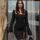 Solid Color Trumpet Long Sleeve Slit Sexy Bag Hip Dress