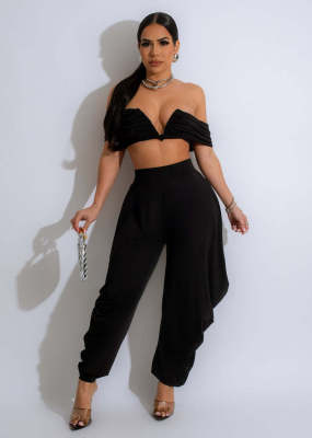 Sexy One-shoulder Sleeveless Deep V Pleated Trousers Two-piece Set