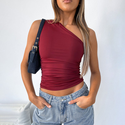 Solid One-shoulder Backless Gathered Tank Top