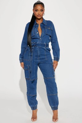 Fashionable Street Style Elastic Waist Denim Jumpsuit