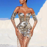 Sexy Sequined One-shoulder Mesh See-through Dress