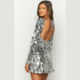 Sexy One-shoulder Sequined Long-sleeved Backless Dress