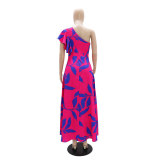 One Shoulder Temperament High Waist Side Split Printed Dress