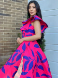 One Shoulder Temperament High Waist Side Split Printed Dress
