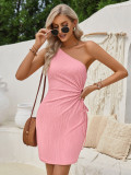 Solid Color Slope Neck Waist Hollow Sleeveless Dress