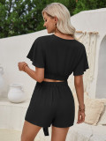 New Lace-up Solid Color Casual Short-sleeved Two-piece Set