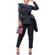 Solid Color Lapel Belted Top And Tight Trousers Two-piece Set