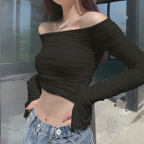 Sexy Off-shoulder Slim Fit Mesh Bell-sleeved Navel-baring T-shirt