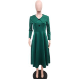 Solid Color Elegant V-neck Large Hem Dress