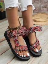 Summer Bow Beach Sandals Velcro Large Size Flat Women's Shoes