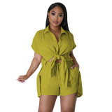 New Casual Solid Color Slit Short-sleeved Shorts Suit