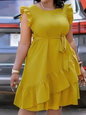 Plus Size Solid Color Pleated Casual Waist Dress