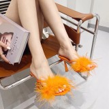 2024 Fashionable Stiletto Square Toe Fur High Heel Sandals