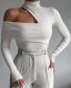 Fashion Single Shoulder Hollow High Collar Slim Solid Color Top