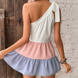 Summer Patchwork Color Waist Slant Shoulder Dress
