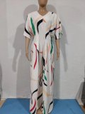 Printed Waist Pleated Slim Fit Dolman Sleeve Jumpsuit