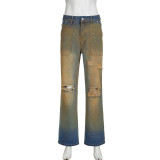 Washed, Distressed, Retro Gradient High Waist Jeans