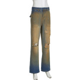 Washed, Distressed, Retro Gradient High Waist Jeans