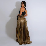 Fashionable Solid Color High Waist Pleated Slit Skirt